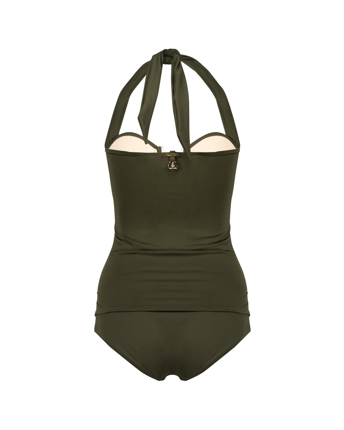 BIKINI MALIK | Bikini dos piezas  verde olivo  top largo drapeado con herraje en "V"  bottom de cobertura completa.