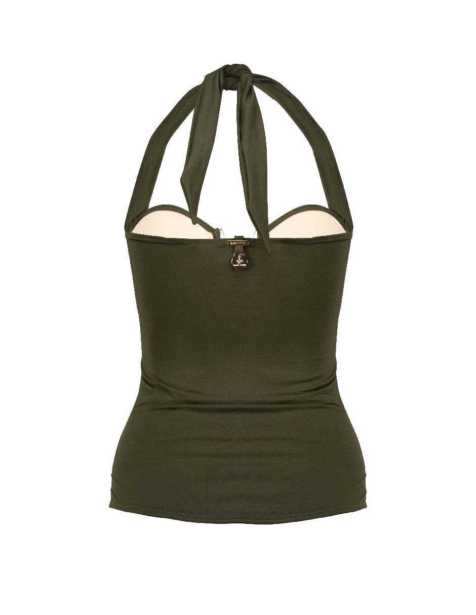 TOP MALIK | Top verde olivo, largo drapeado con herraje en "V".