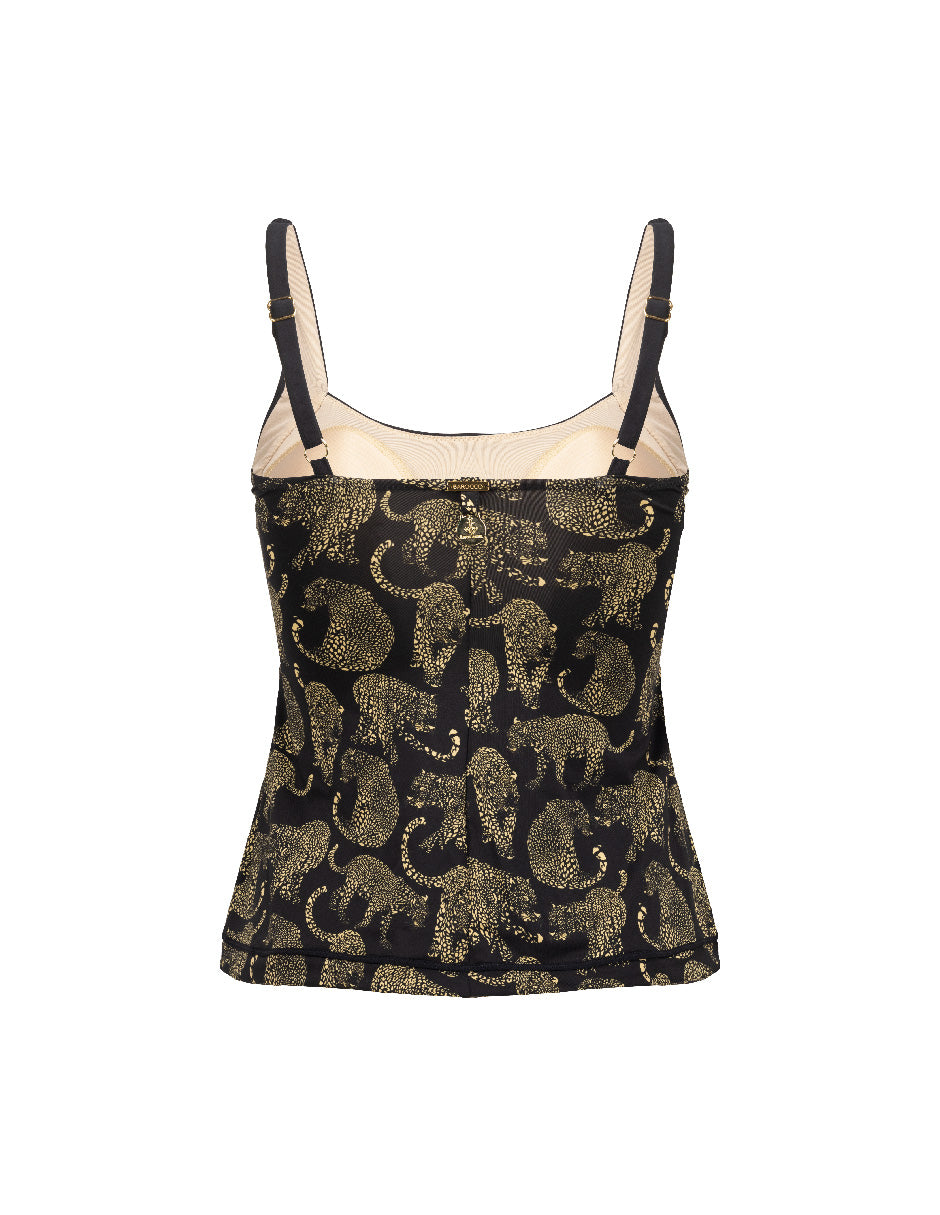 TOP BAHÍA | Top negro con print de jaguar, largo tipo camiseta con banda elástica.