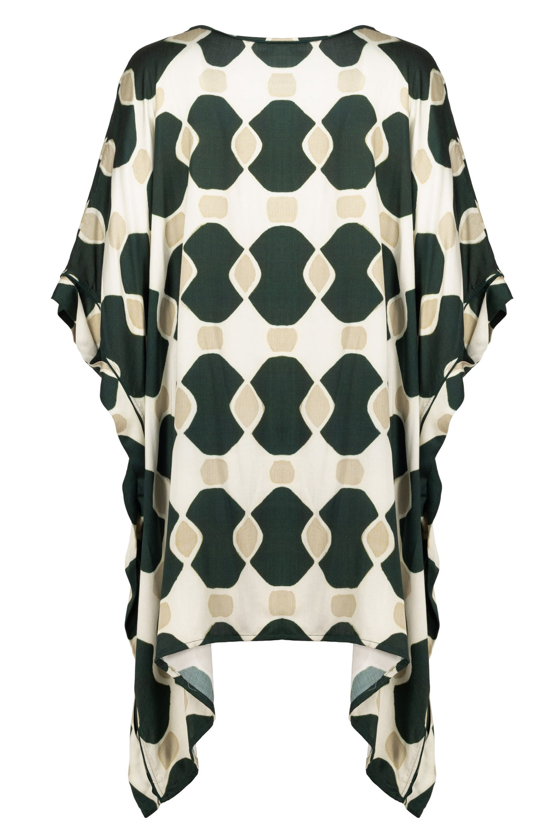 MAREA-634 | Blusón con estampado geométrico, escote redondo y mangas tipo murciélago, silueta fluida de corte recto.