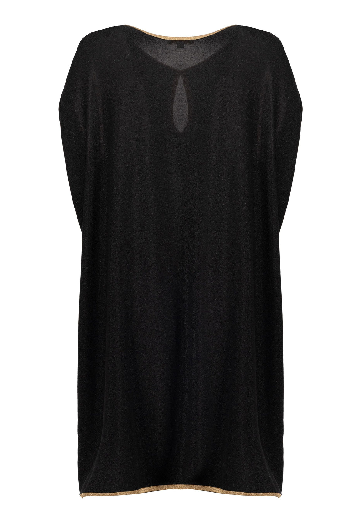 CARIBE-904 | Bluson negro con dorado largo, de cuello redondo con abertura en forma de gota, manga corta con detalle de cintas.