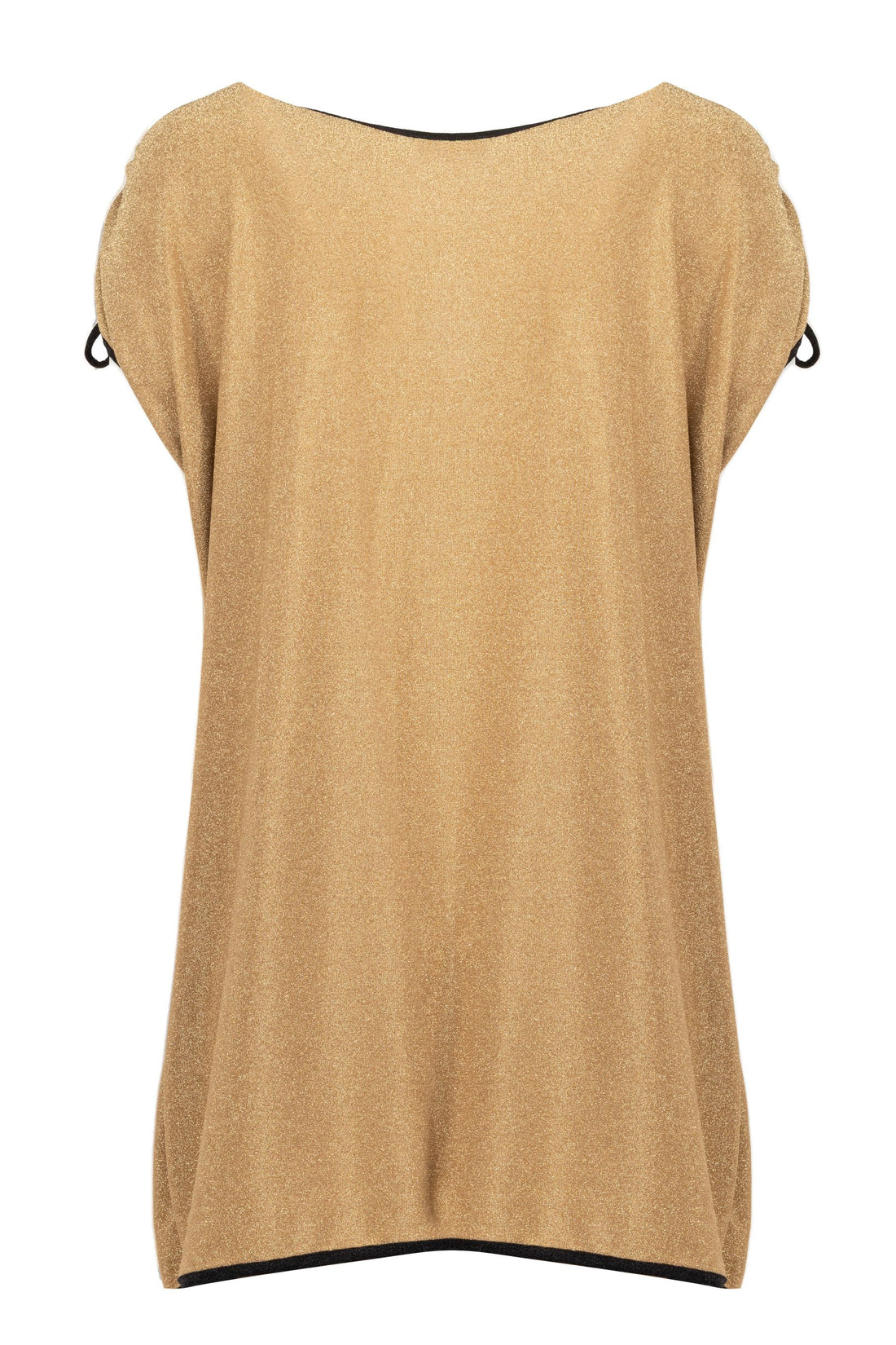 DORIS-904 | Bluson dorado con negro largo, de cuello redondo con abertura en forma de gota, manga corta con detalle de cintas.