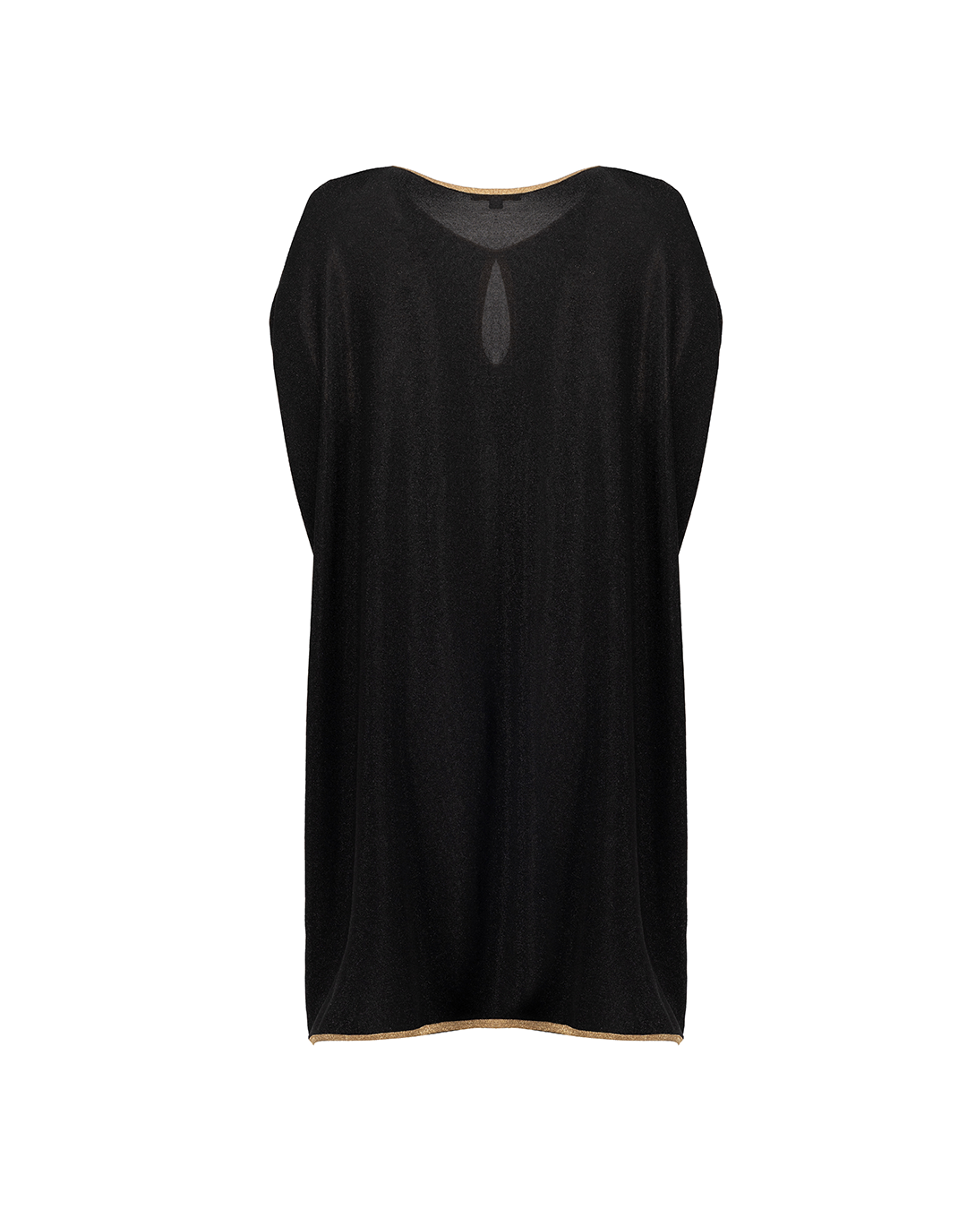 CARIBE-904 | Bluson negro con dorado largo, de cuello redondo con abertura en forma de gota, manga corta con detalle de cintas.