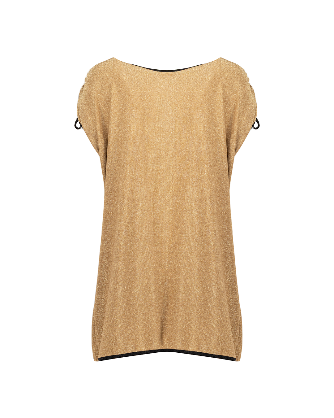 DORIS-904 | Bluson dorado con negro largo, de cuello redondo con abertura en forma de gota, manga corta con detalle de cintas.